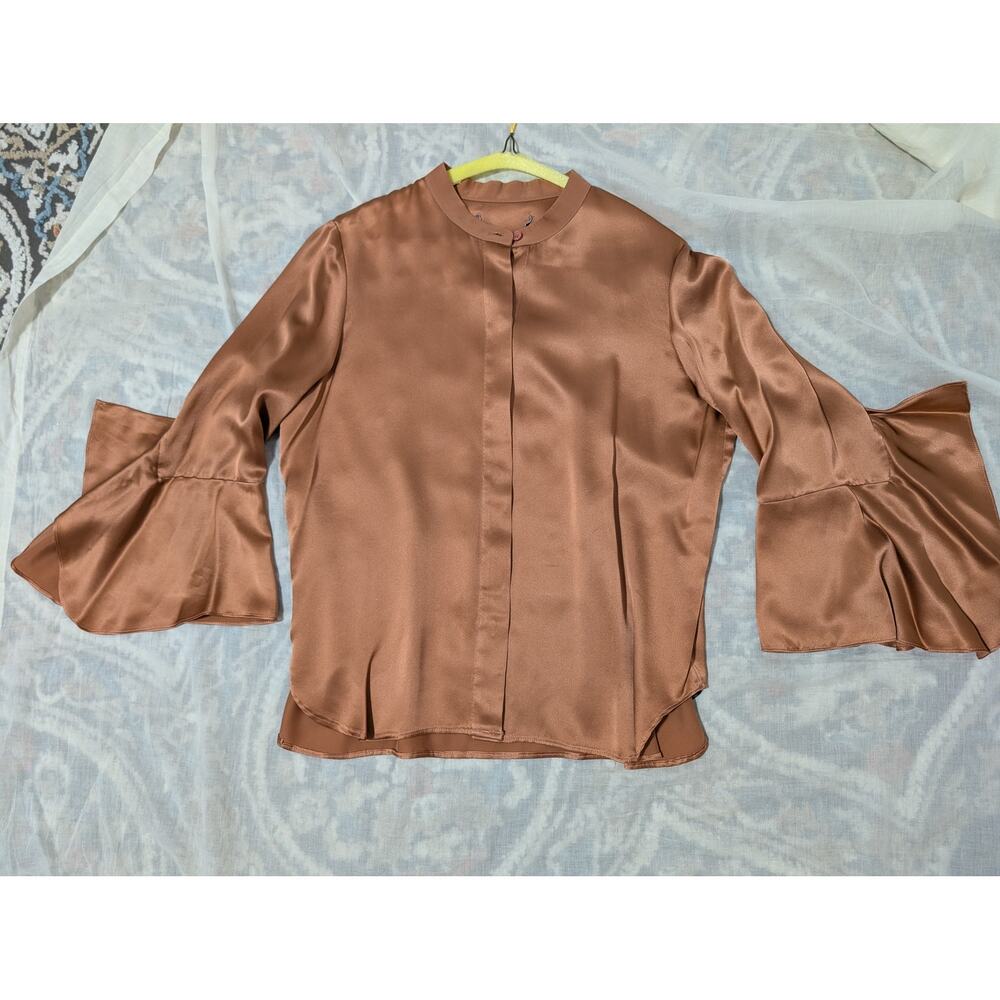100% Pure Silk Bell Sleeve Blouse Top Bronze Copper Unbranded
